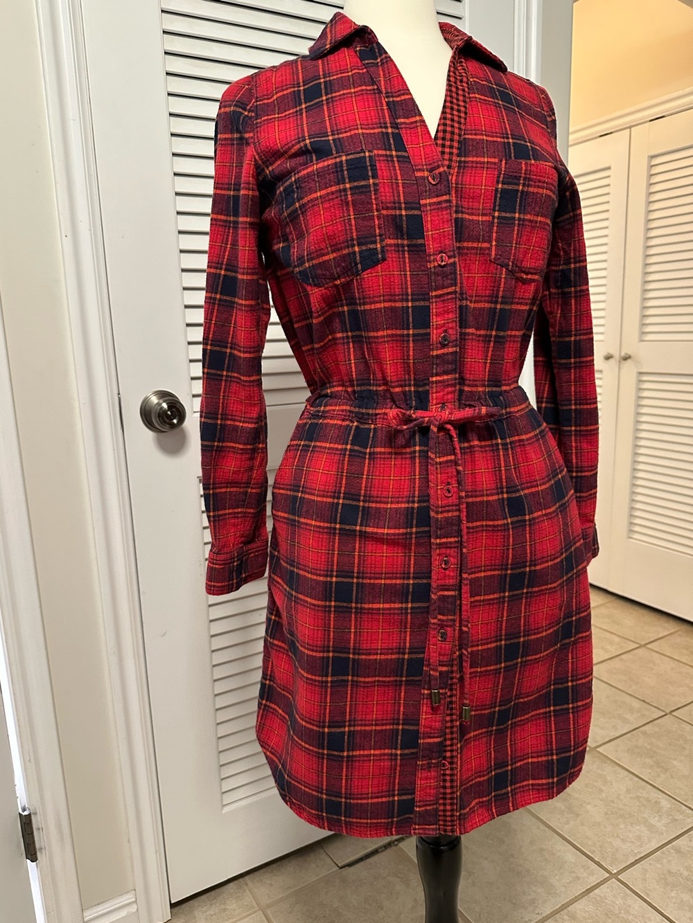 Skies are Blue Flannel Plaid Shirt Dress with Tie Waist
